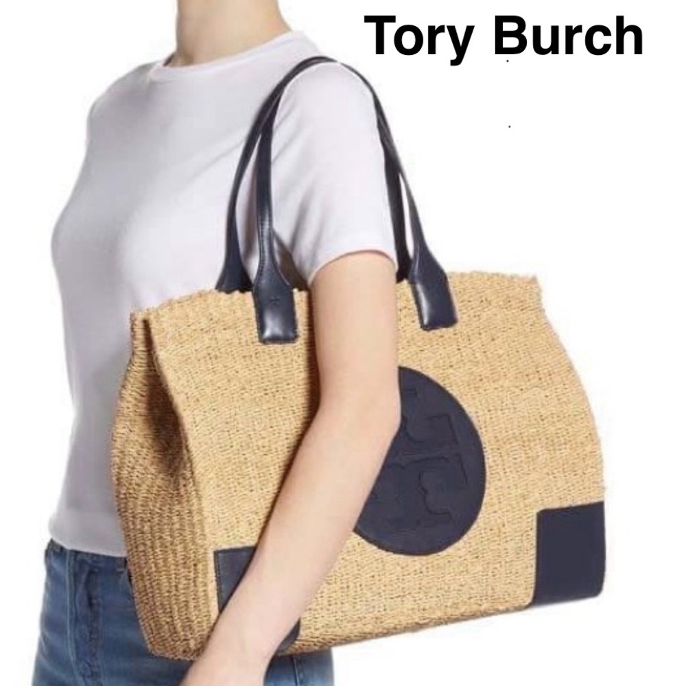 Tory Burch Straw Raffia Ella Tote or beach bag in Dark Navy Blue